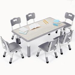 Kids Table and 6 Chairs Set, Height Adjustable Graffiti Desk, Preschool Activity Art Craft Table, for Daycare Classroom Home Boys and Girls Age 3-12 (