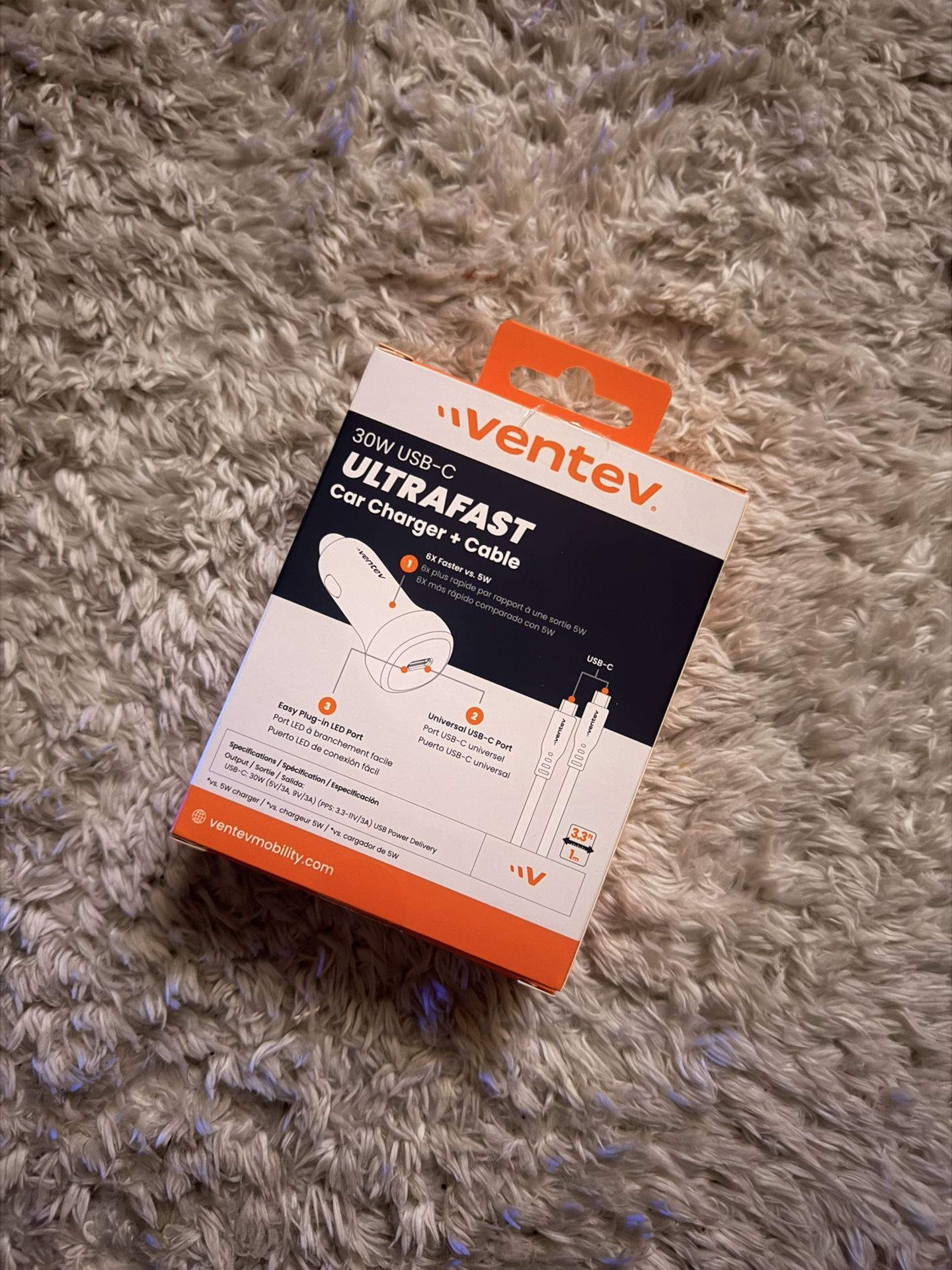 USB-C Car Charger, Ventev, 3 Feet, Cigarette Lighter Port