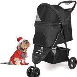 Dog Stroller, Pet Stroller for Small Dogs Cats, Up to 33 LBS with Storage Basket & Cup Holder, Black