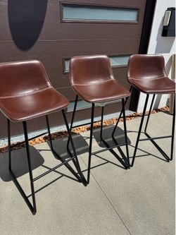 Set of 3 Modern Counter Height Bar Stools – Brown Faux Leather & Black Metal