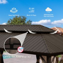 14x22FT Hardtop Gazebo, Outdoor Gazebo with Galvanized Steel Double Roof, Aluminum Frame, Built-in Gutter System, Curtain and Netting, Metal Gazebo Pa