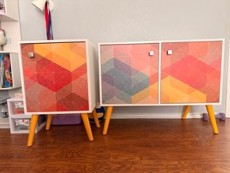 Modern Mid-Century Cabinet – Colorful Geometric Doors + Yellow Legs