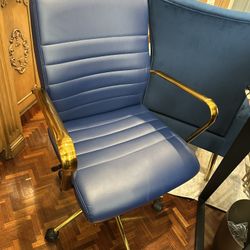 Blue Leather Office Chair With Gold Handles 