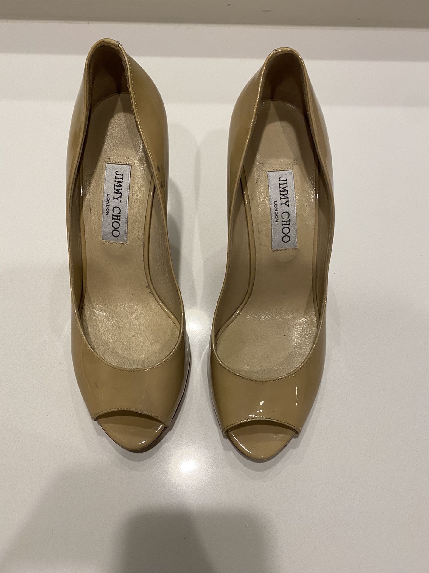 Jimmy Choo Nude Patent Leather Wedges