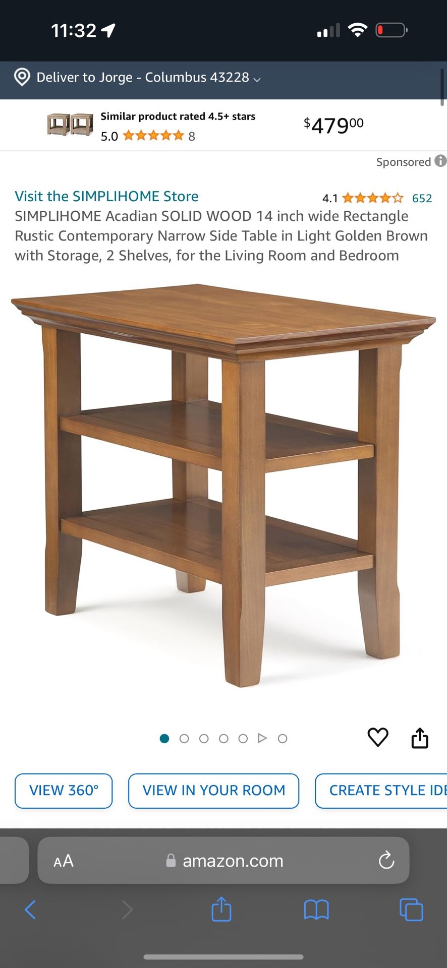 SIMPLIHOME Acadian SOLID WOOD 14 inch wide Rectangle Rustic Contemporary Narrow Side Table in Light Golden Brown with Storage, 2 Shelves, for the Livi