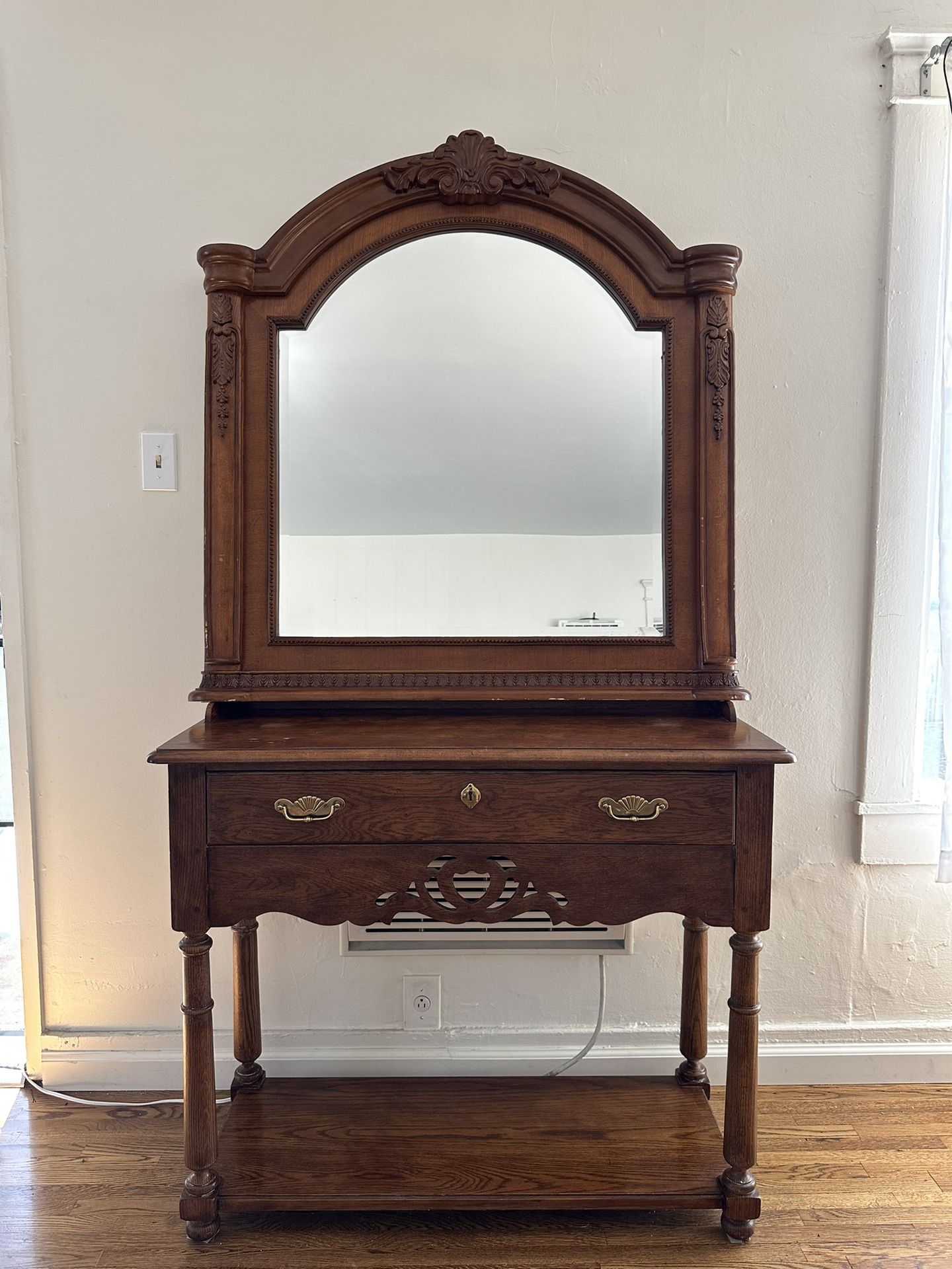 Vintage Solid Wood Mirror + Side Table