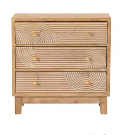 Fir Wood 3-Drawer Nightstand Dresser with Geometric Details