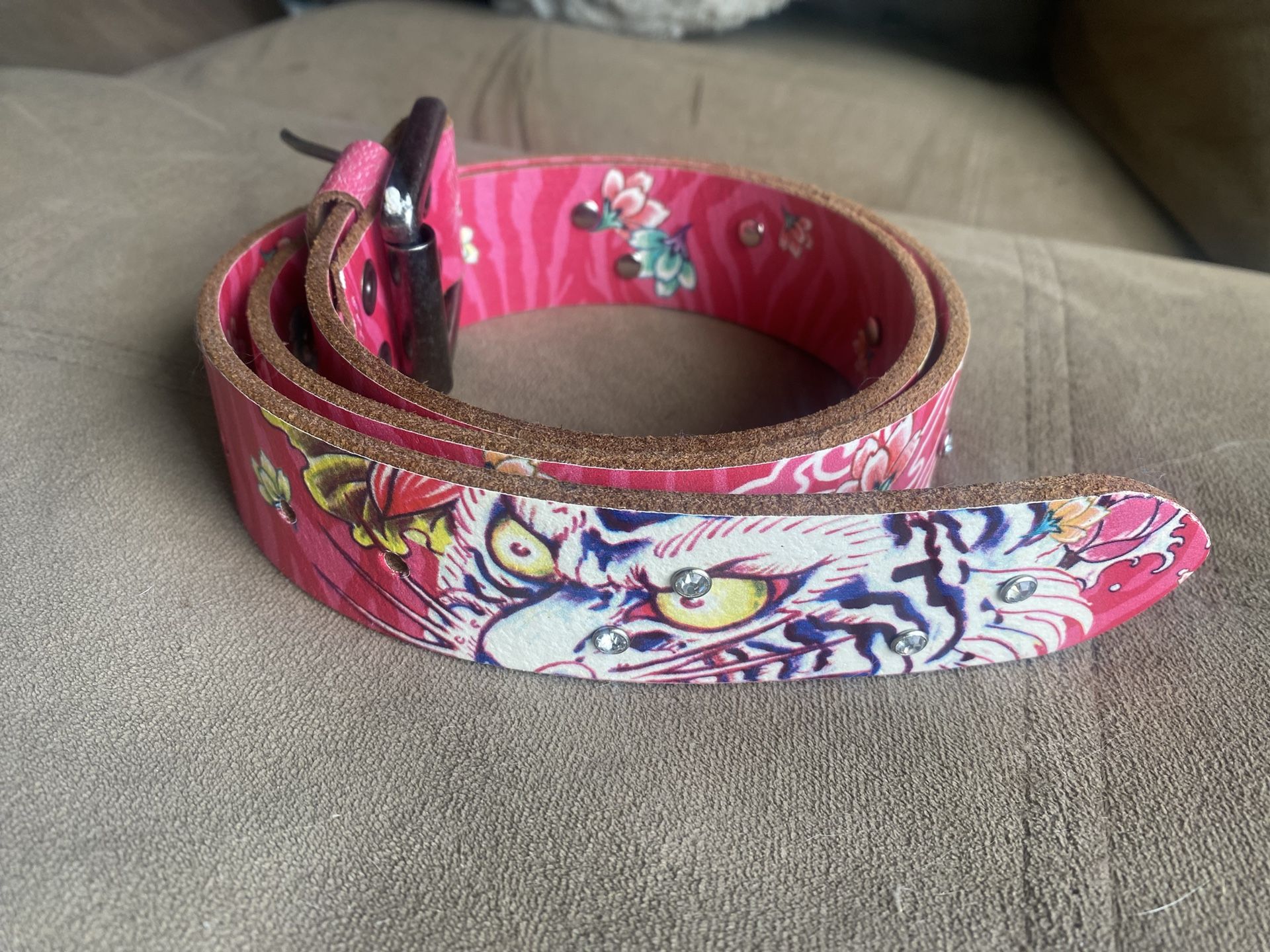 Ed Hardy Leather Rhinestone Studded Belt - Large