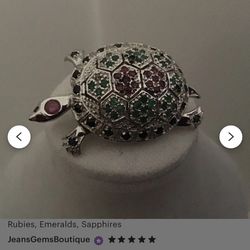 Sterling Silver Vintage Turtle Brooch With Rubies And Emeralds