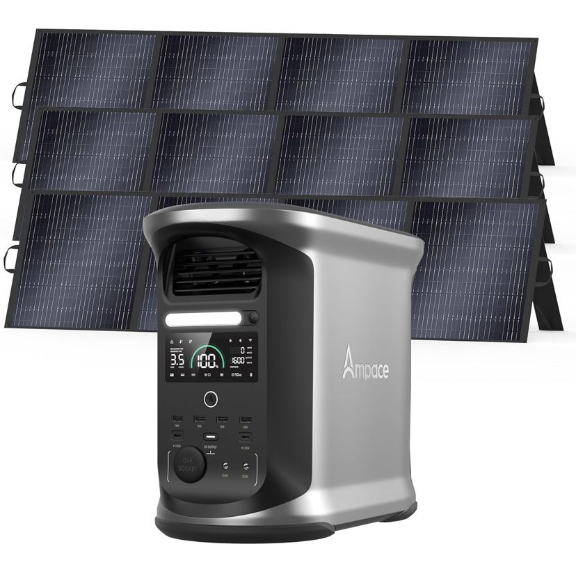 AMPACE Andes 1500 Power Station 2400W(Surge 3600W) Solar Generator with 3x200W Solar Panels 1462Wh Solar Power Station 1800W A Boost Fast Charging
