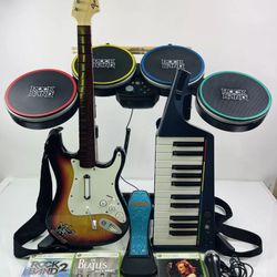 Xbox 360 Rock Band 2 Drum Set Guitar Fender Pro Pad Keyboard  Bundle Mic 3 Games