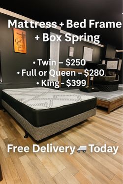 š Queen Mattress, Box Spring, and Rails Frame Set - Delivery Today And Pay On The Delivery