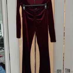 Burgundy Velvet 2-Piece Set – Corset Top + Flare Pants – Holiday / Date Night – Size S