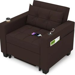  3 In 1 Chair And Pull Out Sleeper Bed - Brown PU Leather