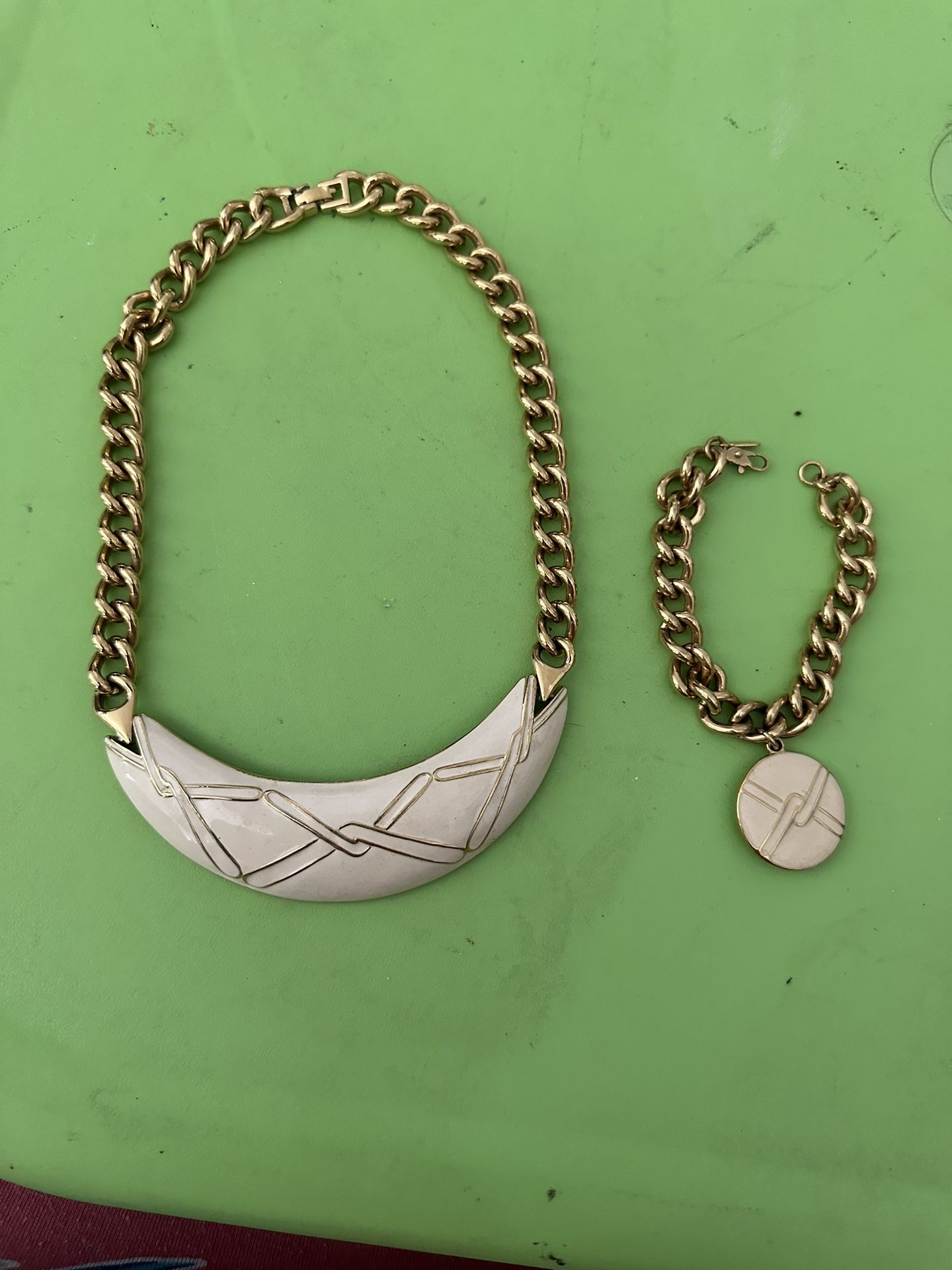 Monet Gold Tone Cream Enameled Choker Necklace And Bracelet