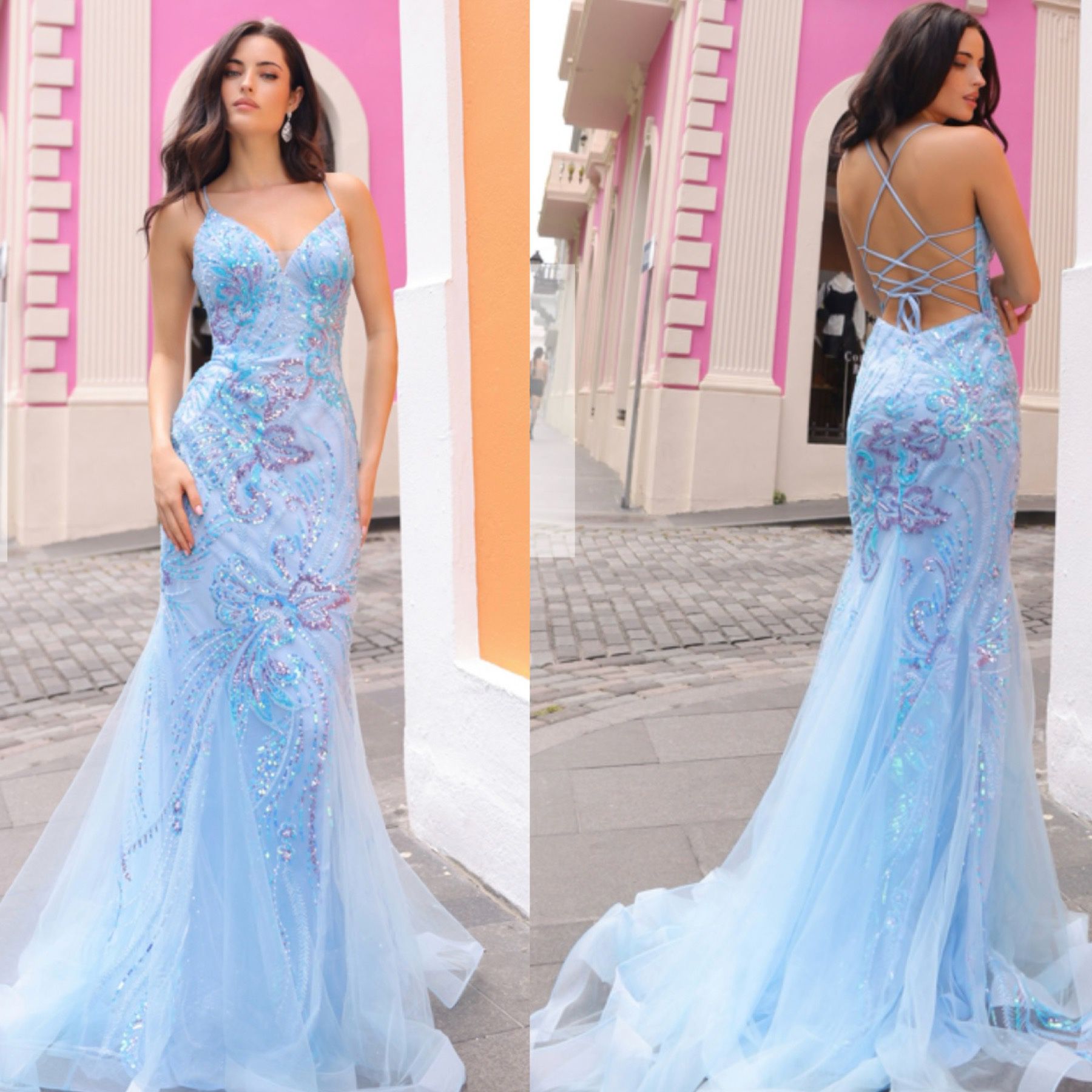 New With Tags Sequin Floral Appliqué Bodice & Strappy Back With Tulle Long Formal/Prom Dress $315