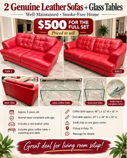 2 Red Genuine Leather Sofas + Glass Tables Set