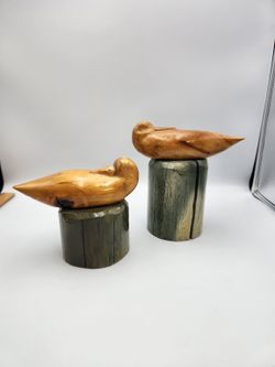 Vintage Hand Carved Wooden Bird Figurines Set of 2 Rustic Wood Art - J2