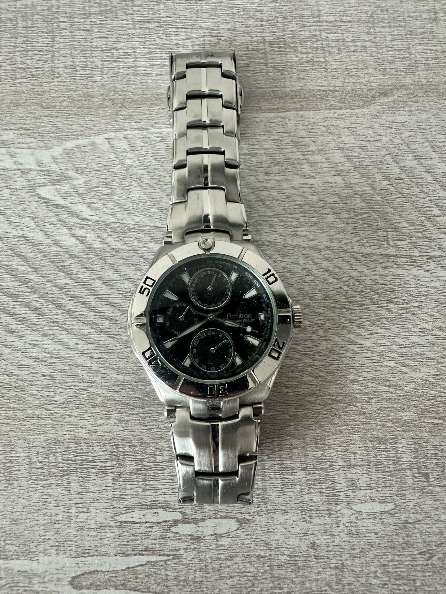 Armitron Watch Men Silver Tone Round 50M Stainless Day Date New Battery 6p27