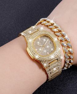 3PCS Luxury Watch Bracelet Set For Men 24K Gold Bing Bing Diamond Watches Stainless Steel Business Watch Waterproof Quartz Watches Relojes Hombre