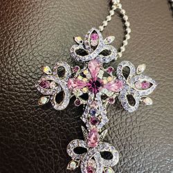 Beautiful 2 In One Cristal Rhinestone Cross Pendant On Long Beaded Stainless Steel Chain, It Can Be Use As Brooch As Well $ 13 