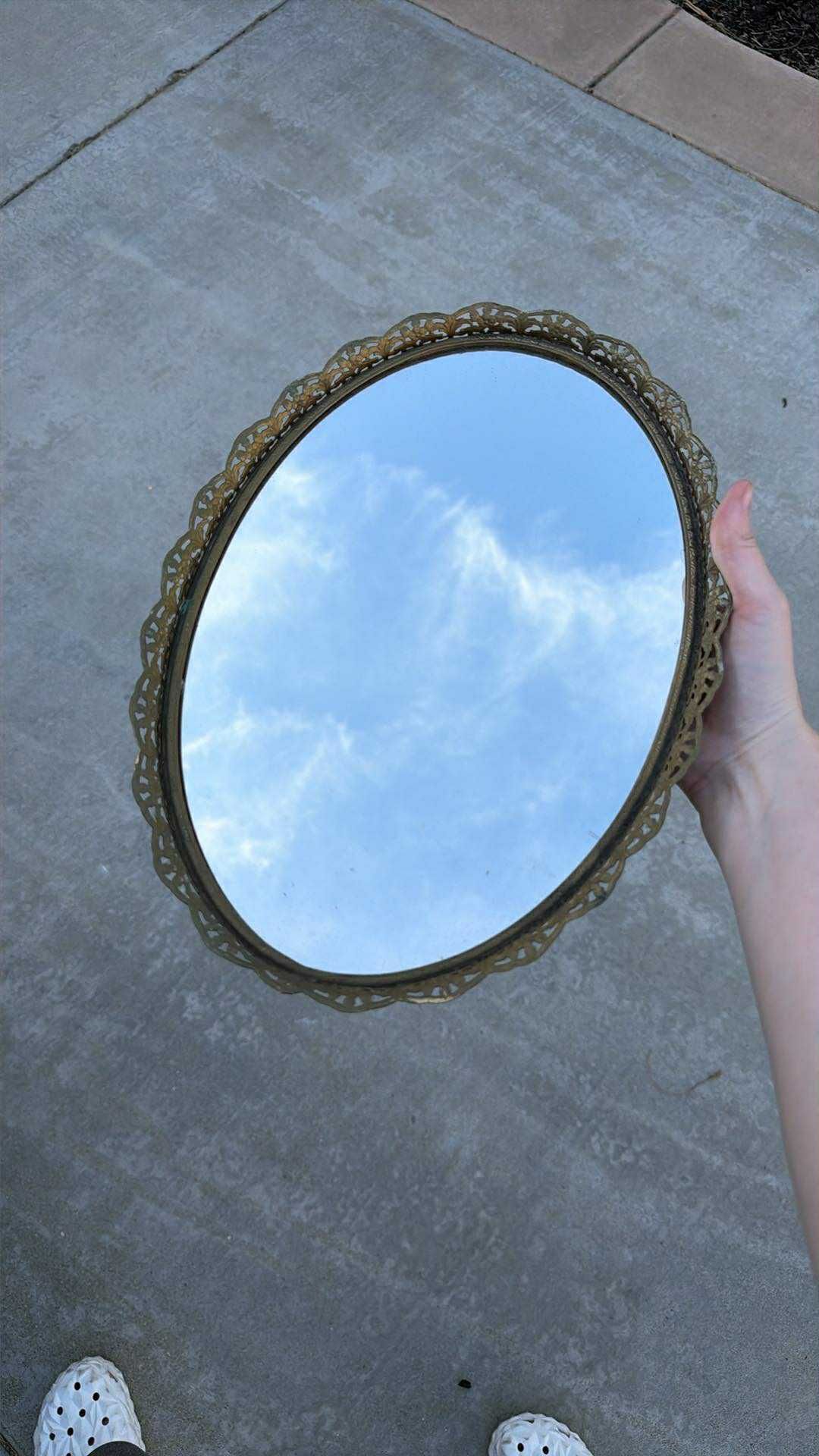 Vintage Mirrored Oval Vanity Tray Gold Ornate Floral Scalloped