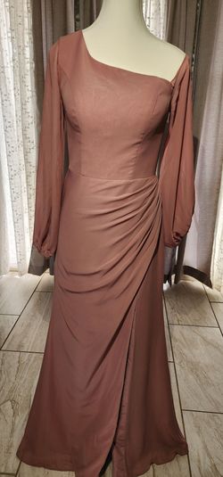 Dusty Rose One-Shoulder Long Sleeve Gown