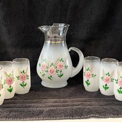 Vintage  West Virginia Glass Blendo Pitcher And 6 Glass Set Hand Painted