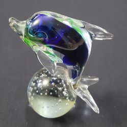 Vtg Vecchia Murano Dolphin on Ball Paper Weight  Handblown 6” Tall Blue&Green