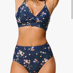 UPSHE Women's Bikini Sets Two Piece Swimsuit High Waisted V Neck Twist Front Adjustable Spaghetti Straps Bathing Suit