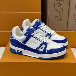 LV Trainer Round Toe Lace Up Abrasion Resistant Low Top Board Shoes Blue Unisex