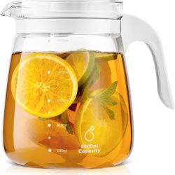 Glass Water Pitcher - HIHUOS 60oz Chic Carafe with Lid and Handle - Iced Tea Pitcher with Precise Scale Line #1266