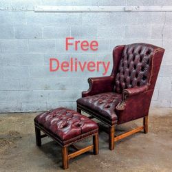 Vintage Sam Moore Naugahyde Tufted Chesterfield Chair and Ottoman