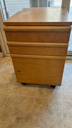 Three Draw Wooden Filing Cabinet on Wheels