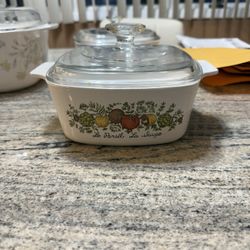 vintage Corning Ware "Spice of Life" casserole dish with Pyrex lid. "Le Persil La Sauge”