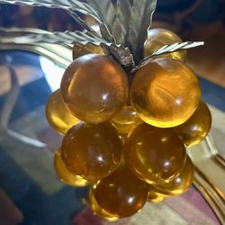 Vintage Mid Century Amber Lucite Acrylic Pineapple Grape Cluster with Gold Leaves — McM Décor — 9"