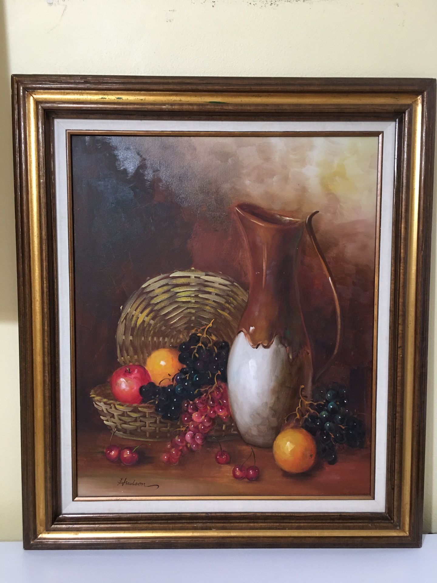 Vintage Oil painting Still Life Vase With Basket Of Fruit 