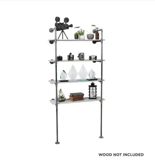 PIPE DECOR, 1/2 in. Black Steel Pipe 11.75 in. D x 72.5 in. H Floor Mounted 4 Tier Shelf Kit, New, Price Is Not Negotiable.