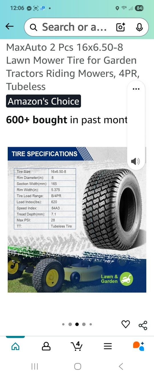 MaxAuto 2 Pcs 16x6.50-8 Lawn Mower Tire for Garden Tractors Riding Mowers, 4PR, Tubeless
388 8/16 36 L/F