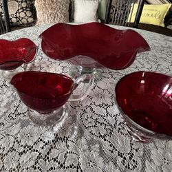 5 Red Glass Dishes Set