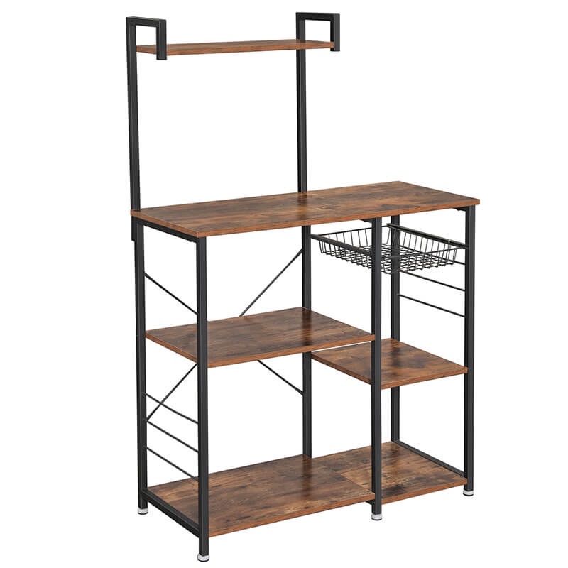 Baker’s Rack, Coffee Station, Microwave Oven Stand, Kitchen Shelf with Wire Basket, 6 S-Hooks, Utility Storage for Spices, Pots, and Pans, Rustic Brow