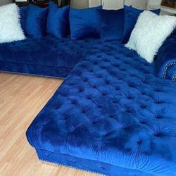 Royal Blue Velvet RAF Sectional /couch /Living room set