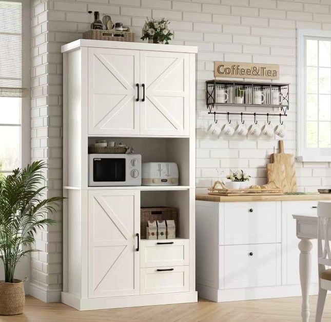 New assembled 76" Tall Farmhouse Kitchen Pantry Cabinet, Kitchen Hutch Bar Cabinet with Drawers & Shelves, Large Wood Storage Cabinets with Barn Doors