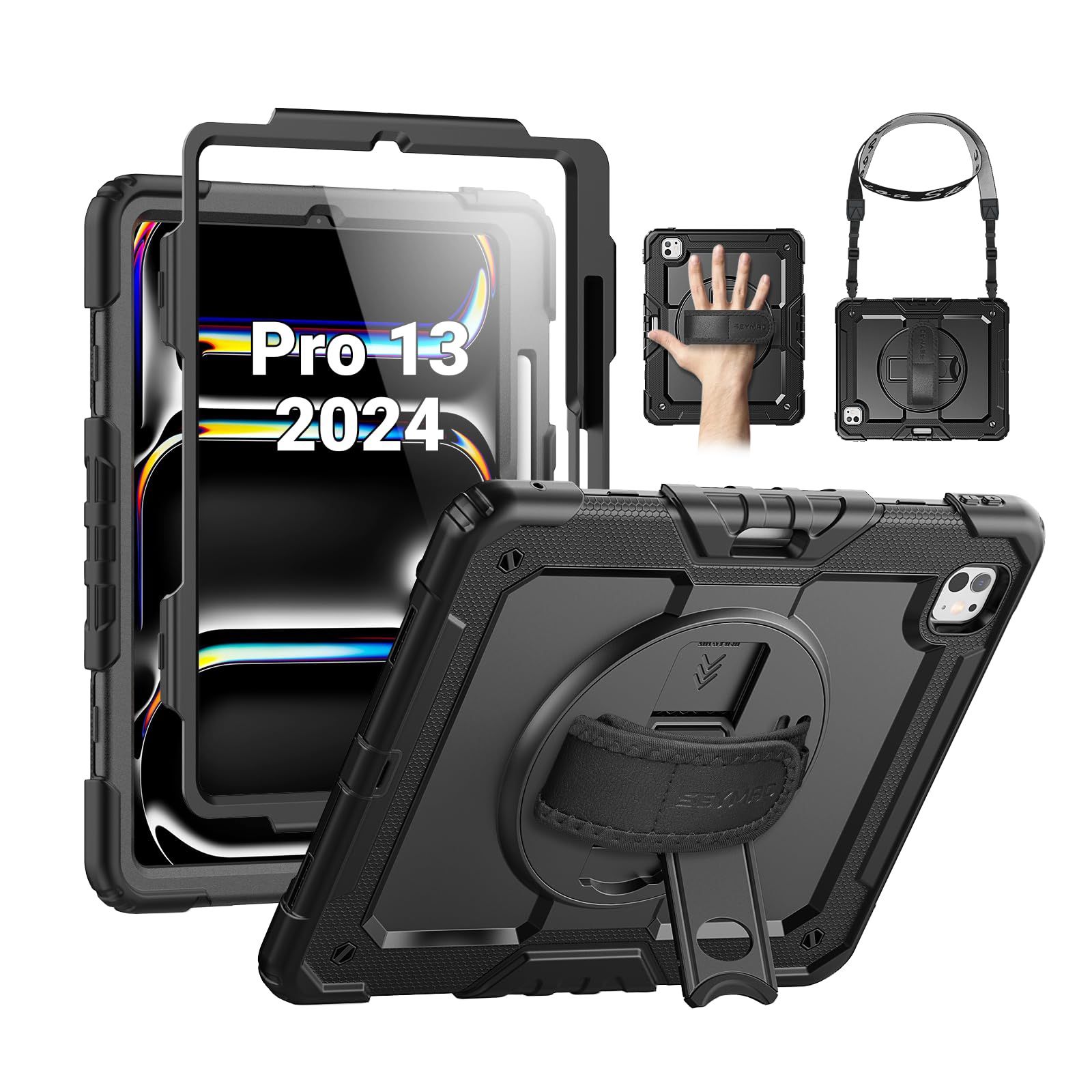 SEYMAC Case For IPad Pro 13 Inch M4 2024, Heavy Duty Shockproof Protective Case With Screen Protector, 360° Rotating Stand, Hand/Shoulder Strap And Pe