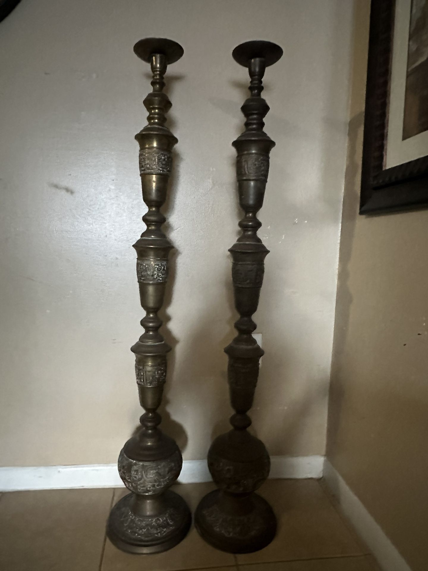 2 Vintage detachable Candlesticks 52" Tall, Brass