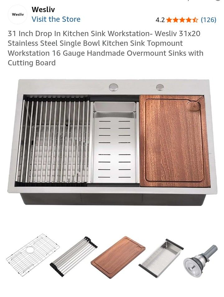 31 Inch Drop In Kitchen Sink Workstation- Wesliv 31x20 Stainless Steel Single Bowl Kitchen Sink Topmount Workstation 16 Gauge Handmade Overmount Sinks