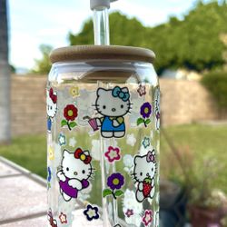 NEW 16oz Glass Hello Kitty Cup With Straw Topper Scratch Resistant 