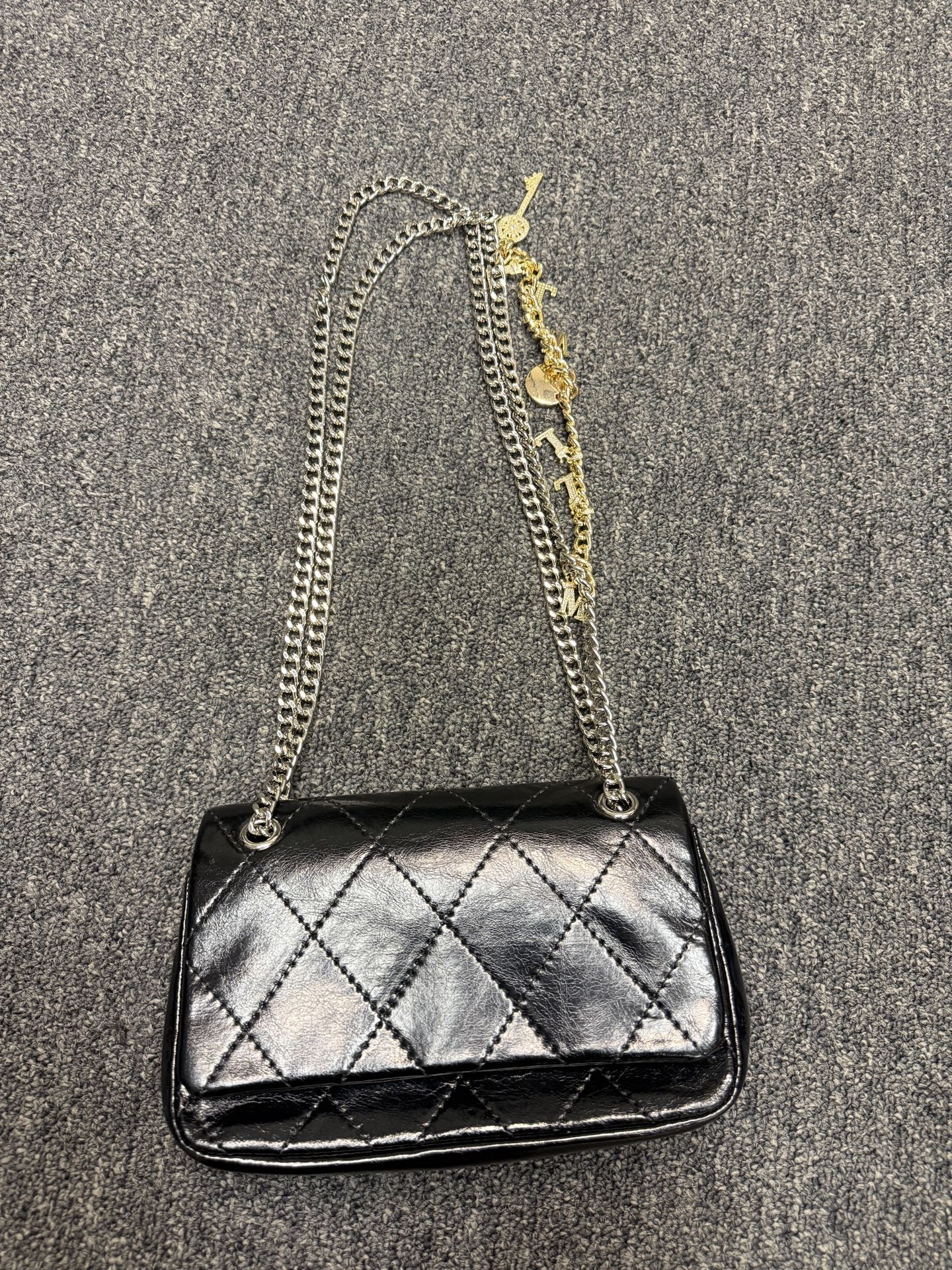 Black Quilted Crossbody Bag – Chain Strap with Gold Charms