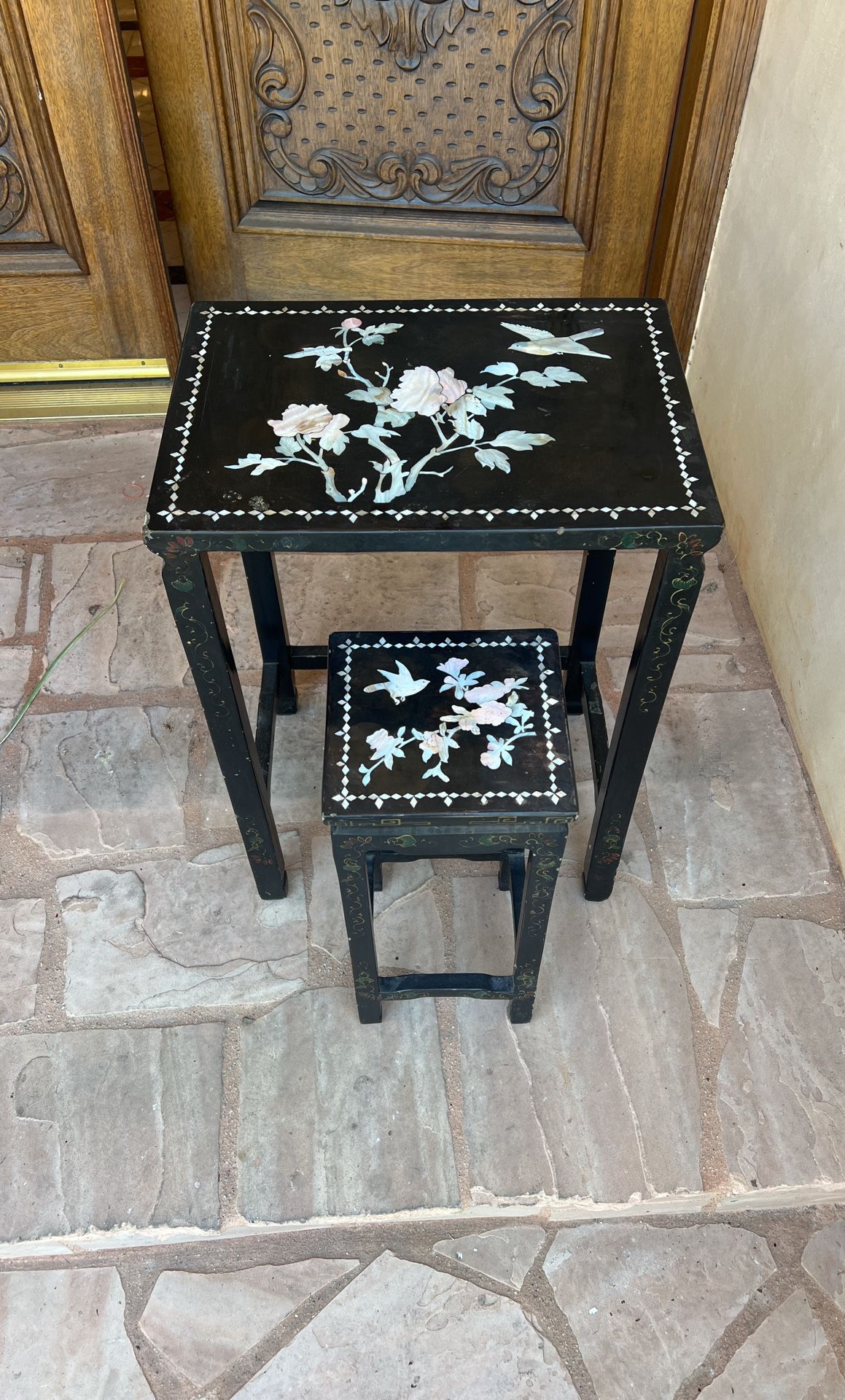 Antique Set Of Two Black Lacquered Chinoiserie Table Chinese Oriental Vintage