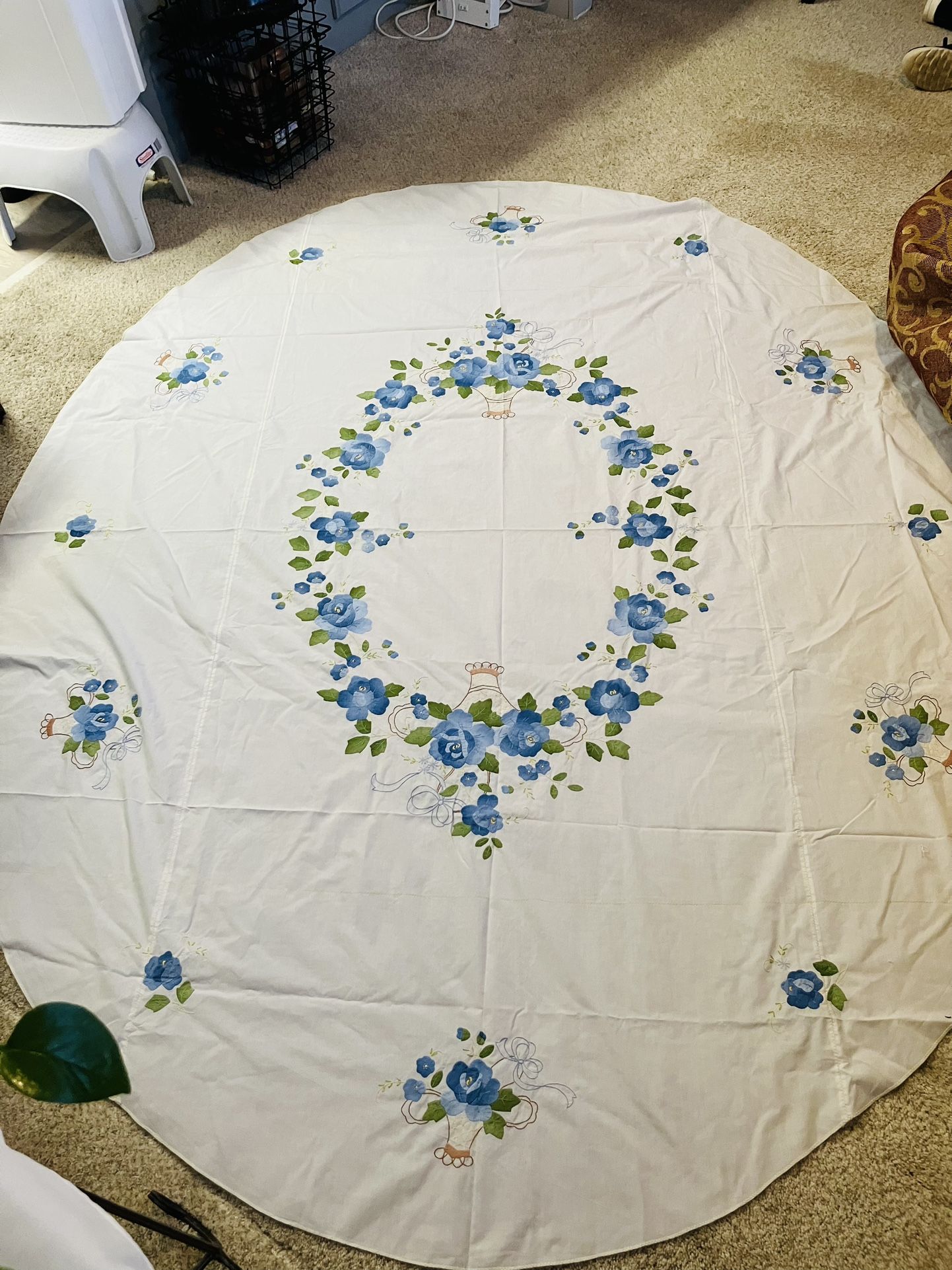 Table Cloth  Oval, Embroidered Floral,